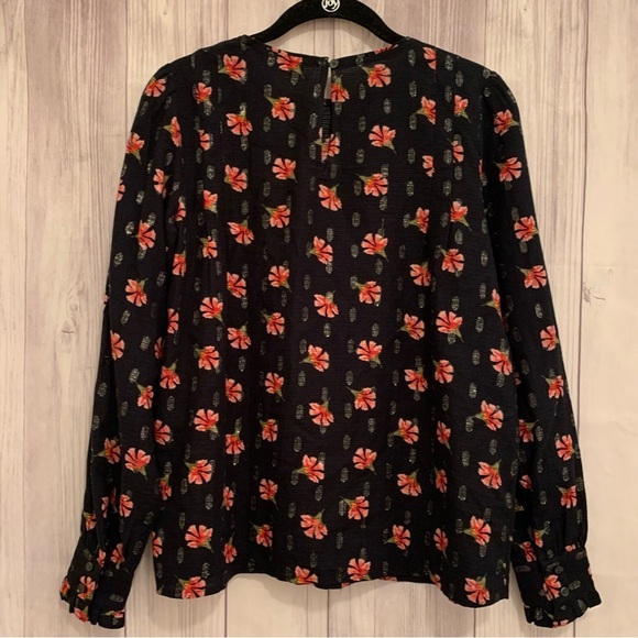 Loft Floral Red and Black Metallic Sparkly Puff Sleeve Blouse Long Sleeve XS - Picture 8 of 11